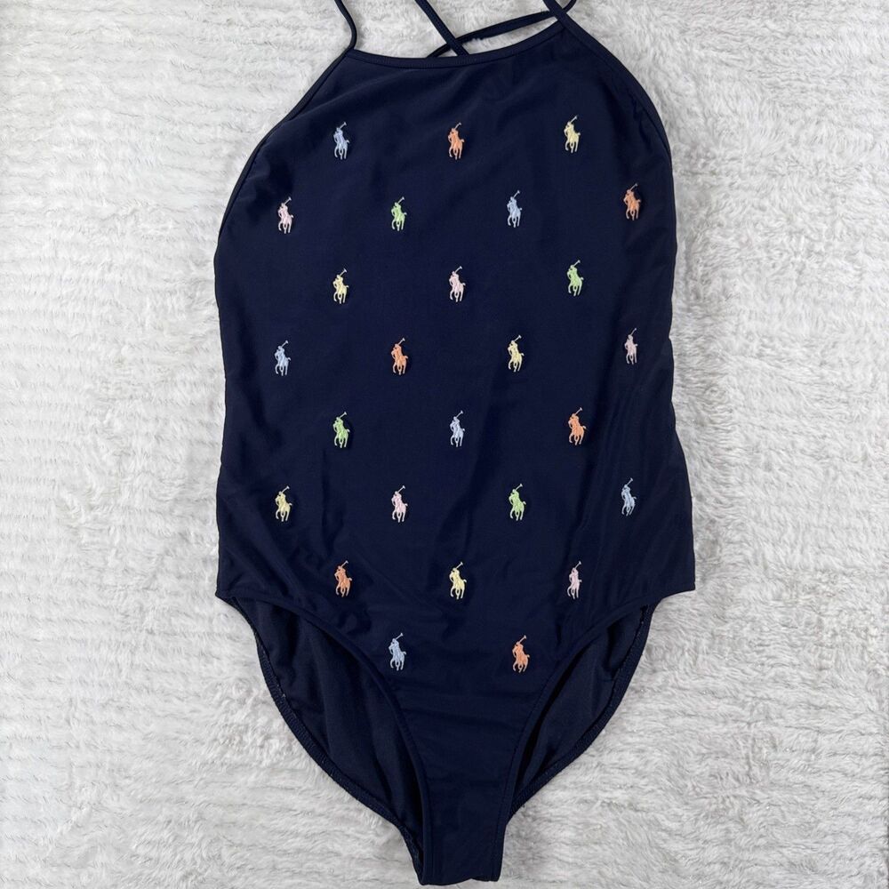 Polo Ralph Lauren One-Piece Swimsuit All Over Pony Embroidered Girls Sz 14 Blue